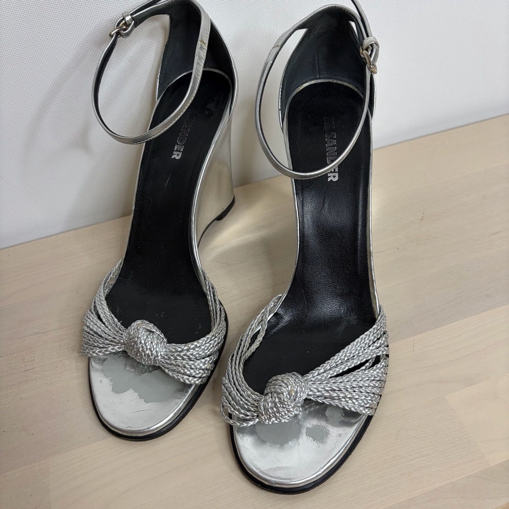 Jil Sander Silver Metallic Knot Rope Wedge Heels